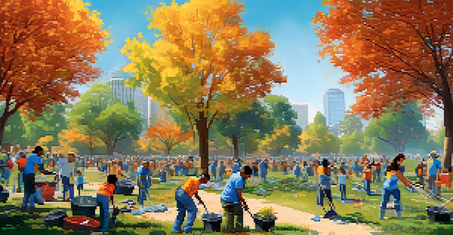 Community members participating in a clean-up event in a park, planting trees and picking up litter.