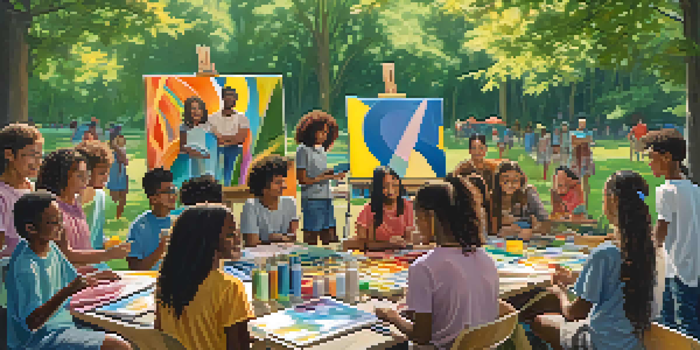 A diverse group of young people participating in an outdoor art workshop in a sunny park, painting on canvases with colorful art supplies.