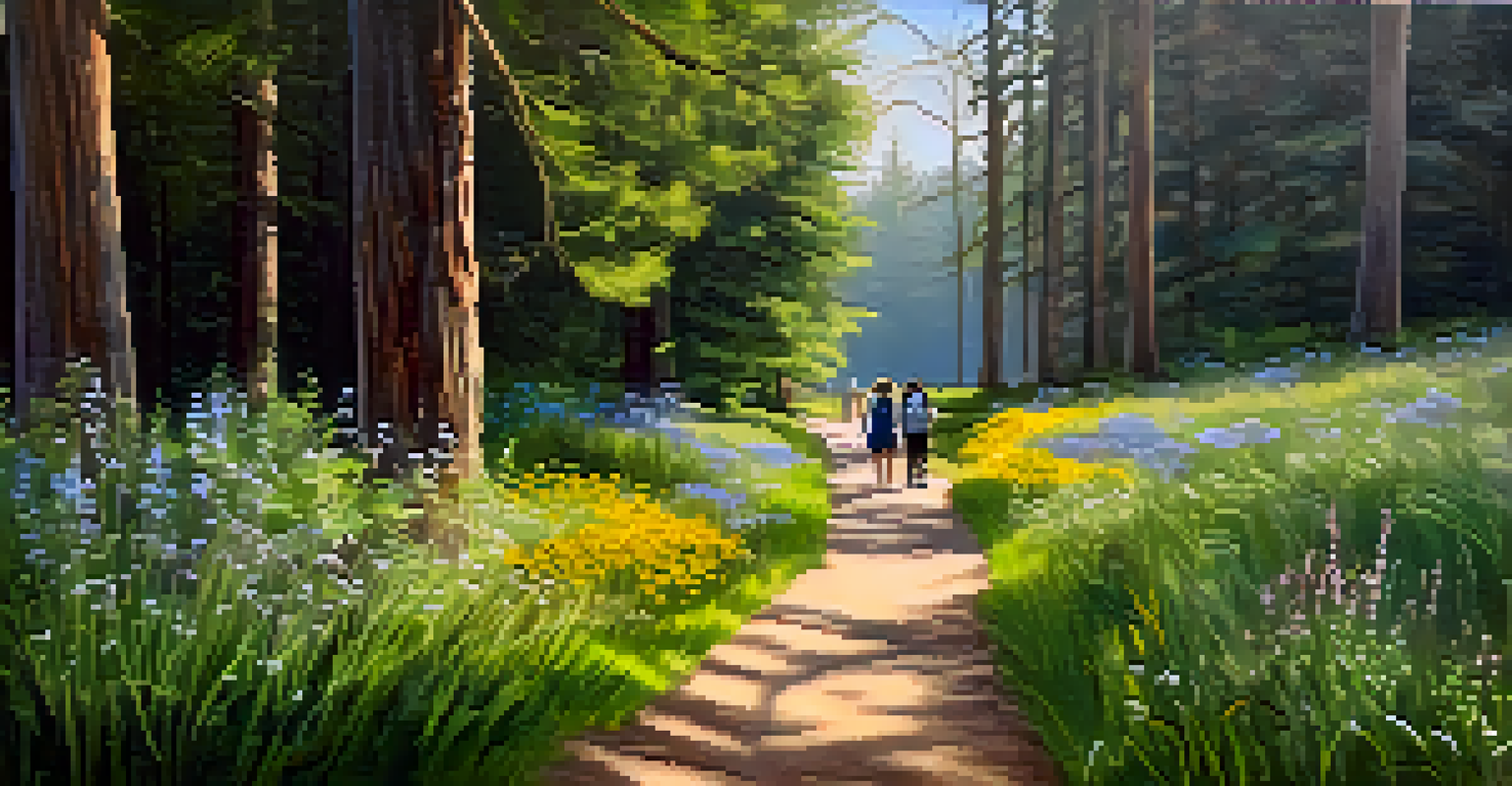 A couple hiking on a picturesque trail in a nature reserve with trees and a deer in the background.