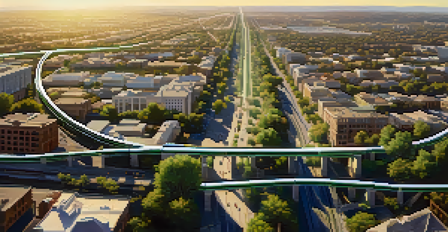 An aerial perspective of Sacramento featuring new light rail lines connecting neighborhoods amidst urban buildings and green spaces.