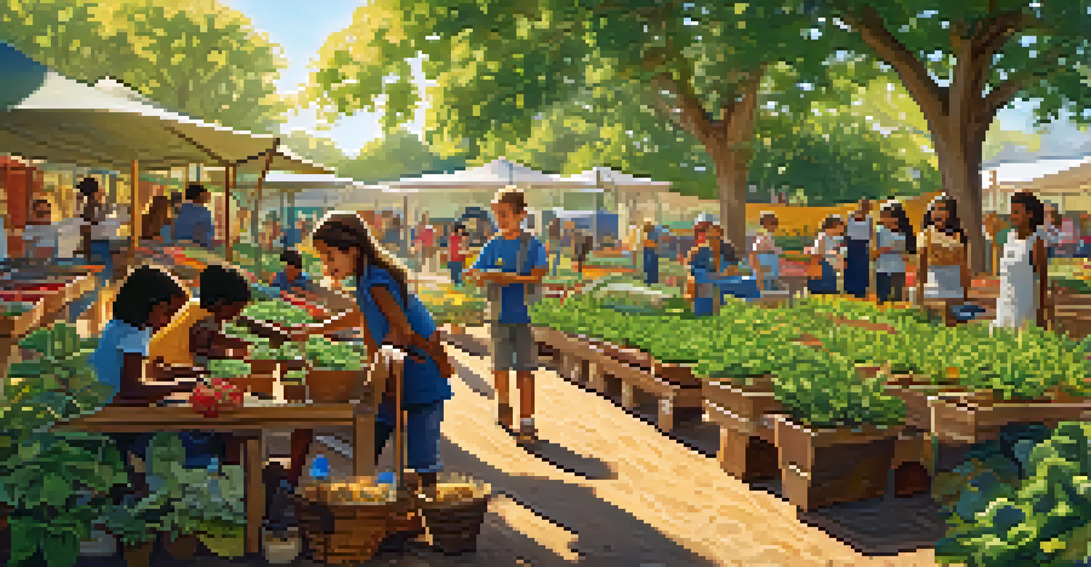 Children participating in a gardening workshop at a fair, planting seeds with a farmer in a colorful setting.