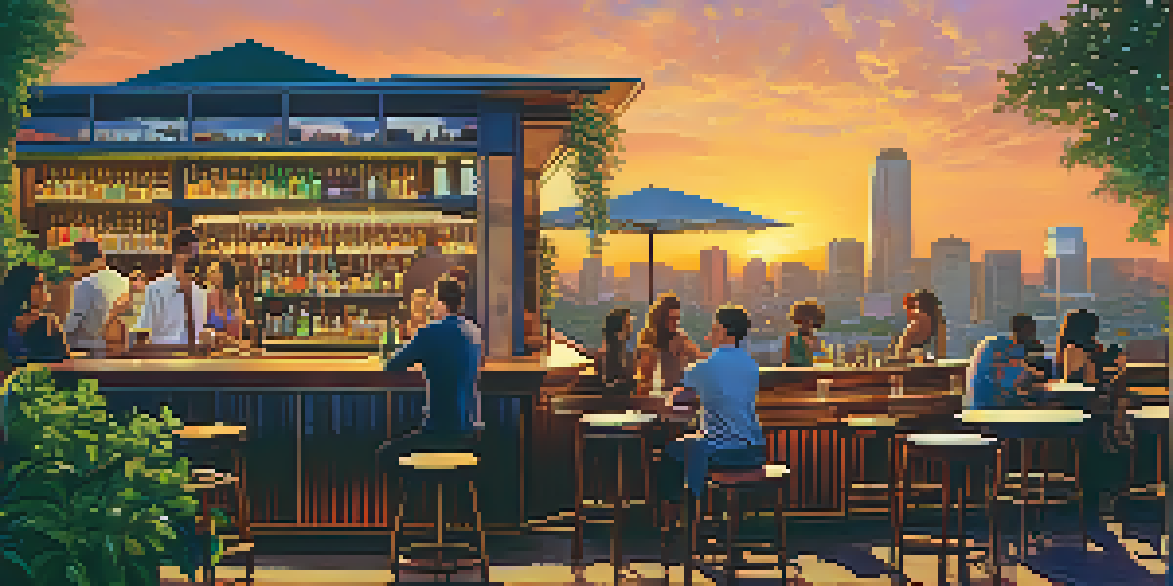 A lively rooftop bar in Sacramento during sunset, showcasing people sipping cocktails against a backdrop of the city skyline.