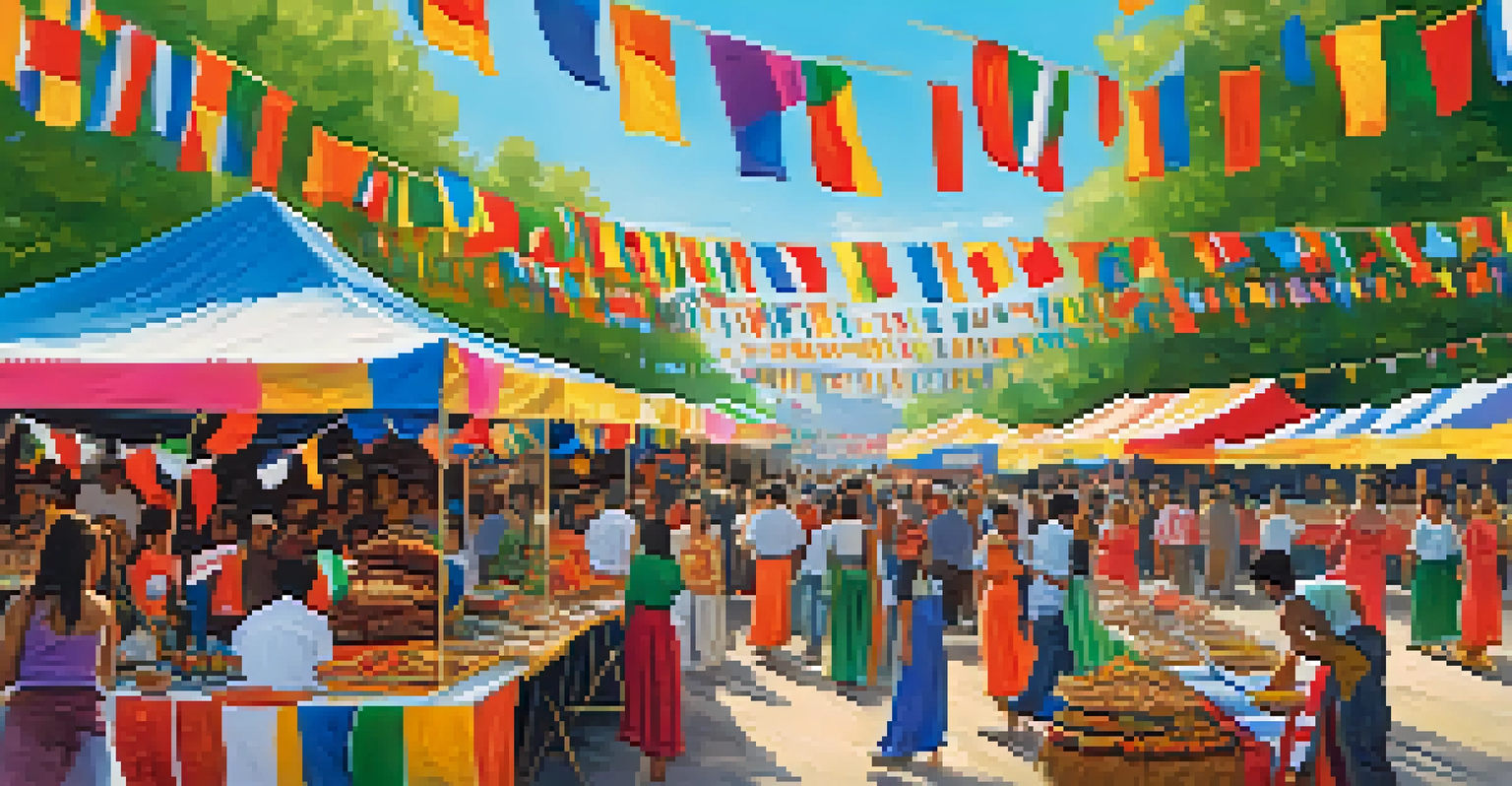 A vibrant outdoor multicultural festival with stalls, music, and students enjoying traditional foods and performances.