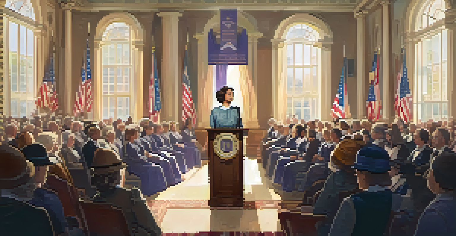 A portrait of Alice P. Smith delivering a speech at a women's suffrage event in Sacramento.
