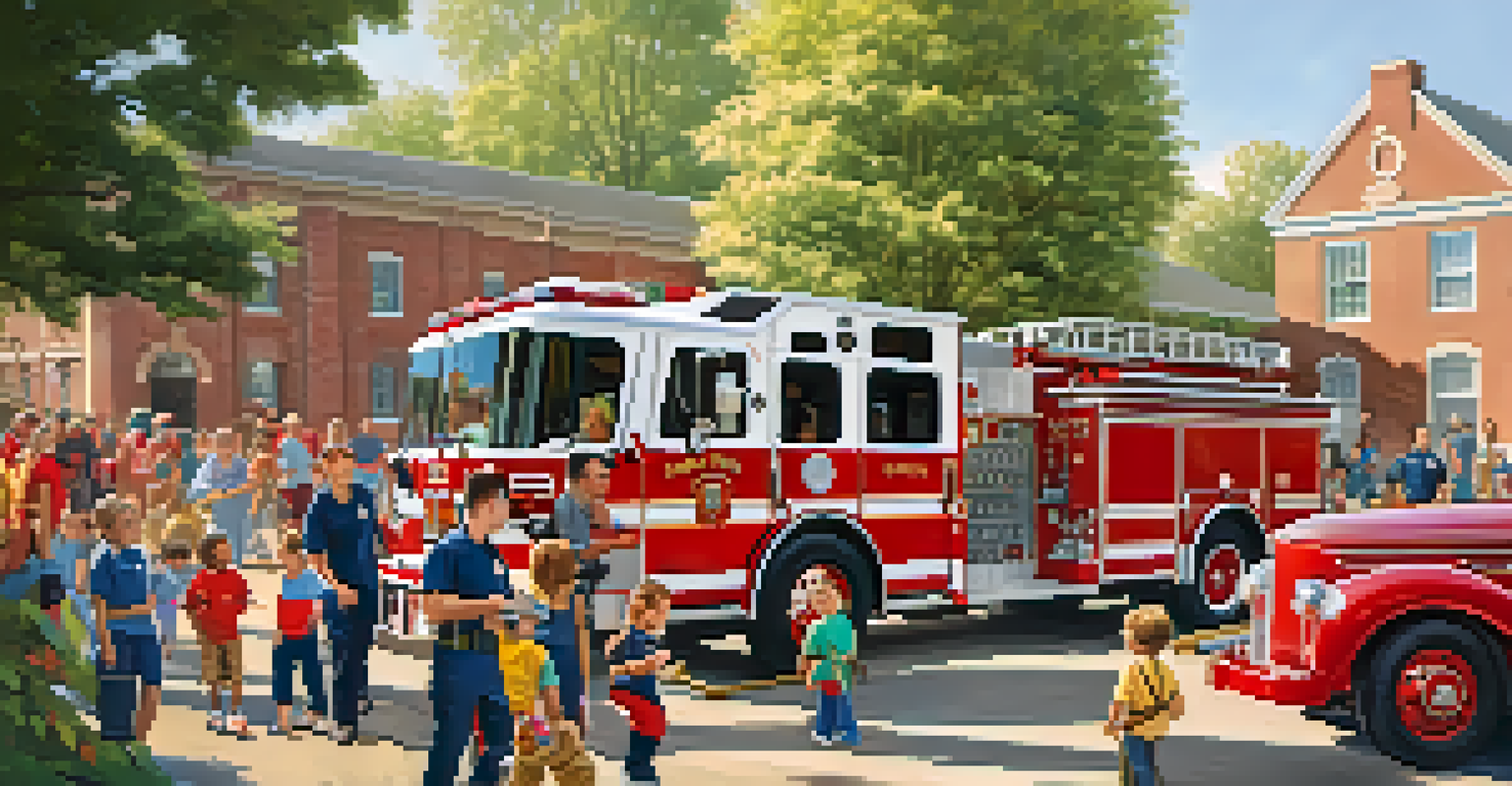 Firefighters conducting a hands-on fire safety workshop for families, with children engaging, vintage fire trucks in the background, and colorful safety banners.