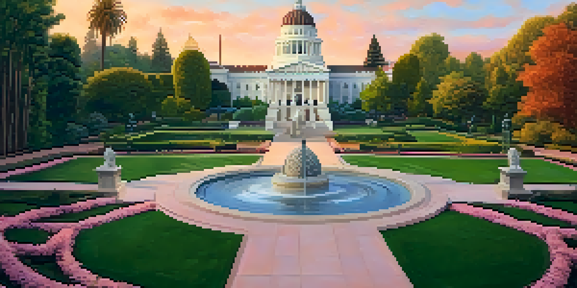 A panoramic view of the California State Capitol surrounded by gardens with sculptures at sunset.