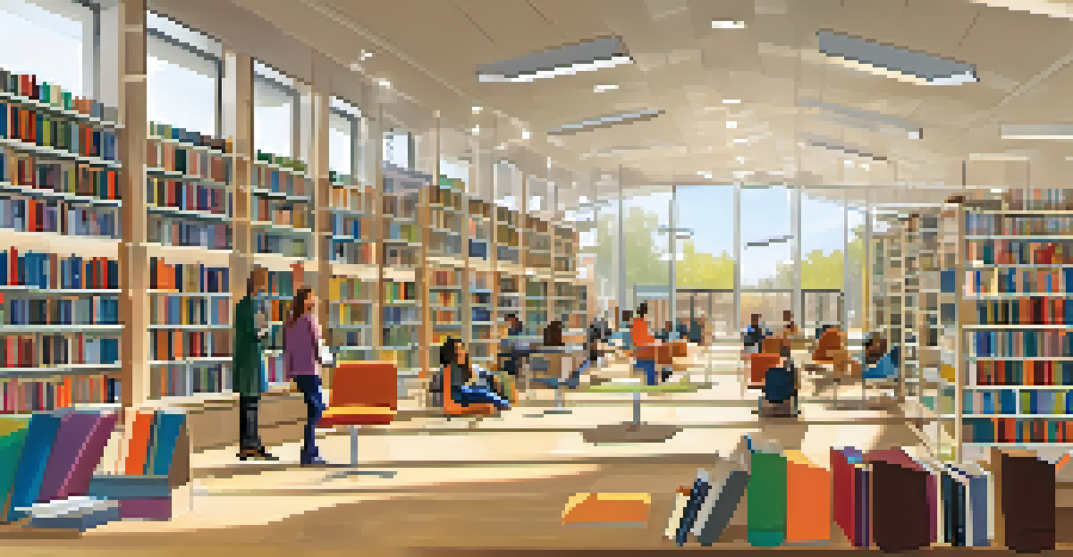 A modern interior of a Sacramento library, showcasing colorful bookshelves, reading areas, and patrons using computers in a bright space.