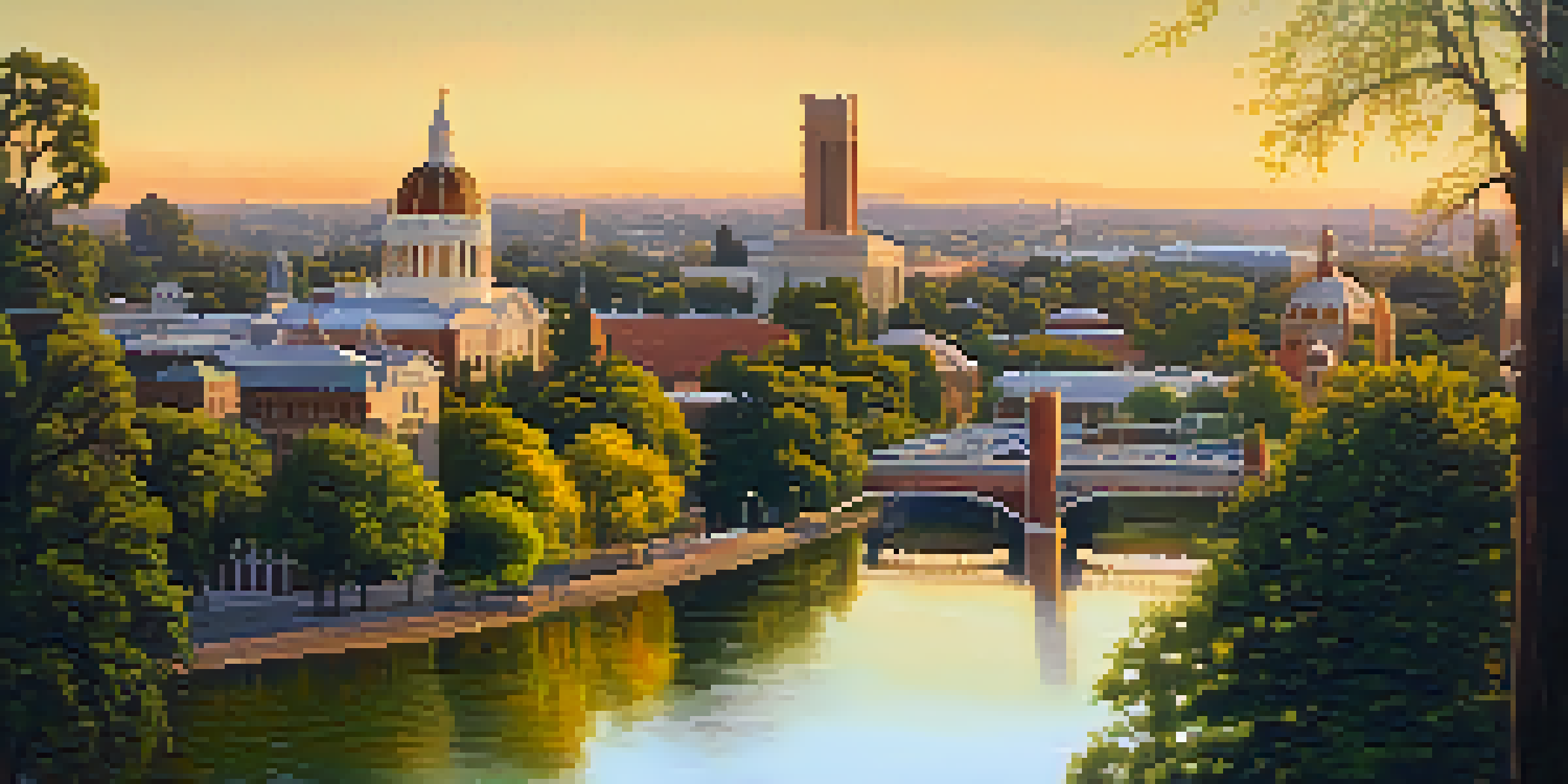 A panoramic view of Sacramento's skyline during sunset, highlighting historic churches with Gothic and Romanesque architecture, surrounded by lush trees.