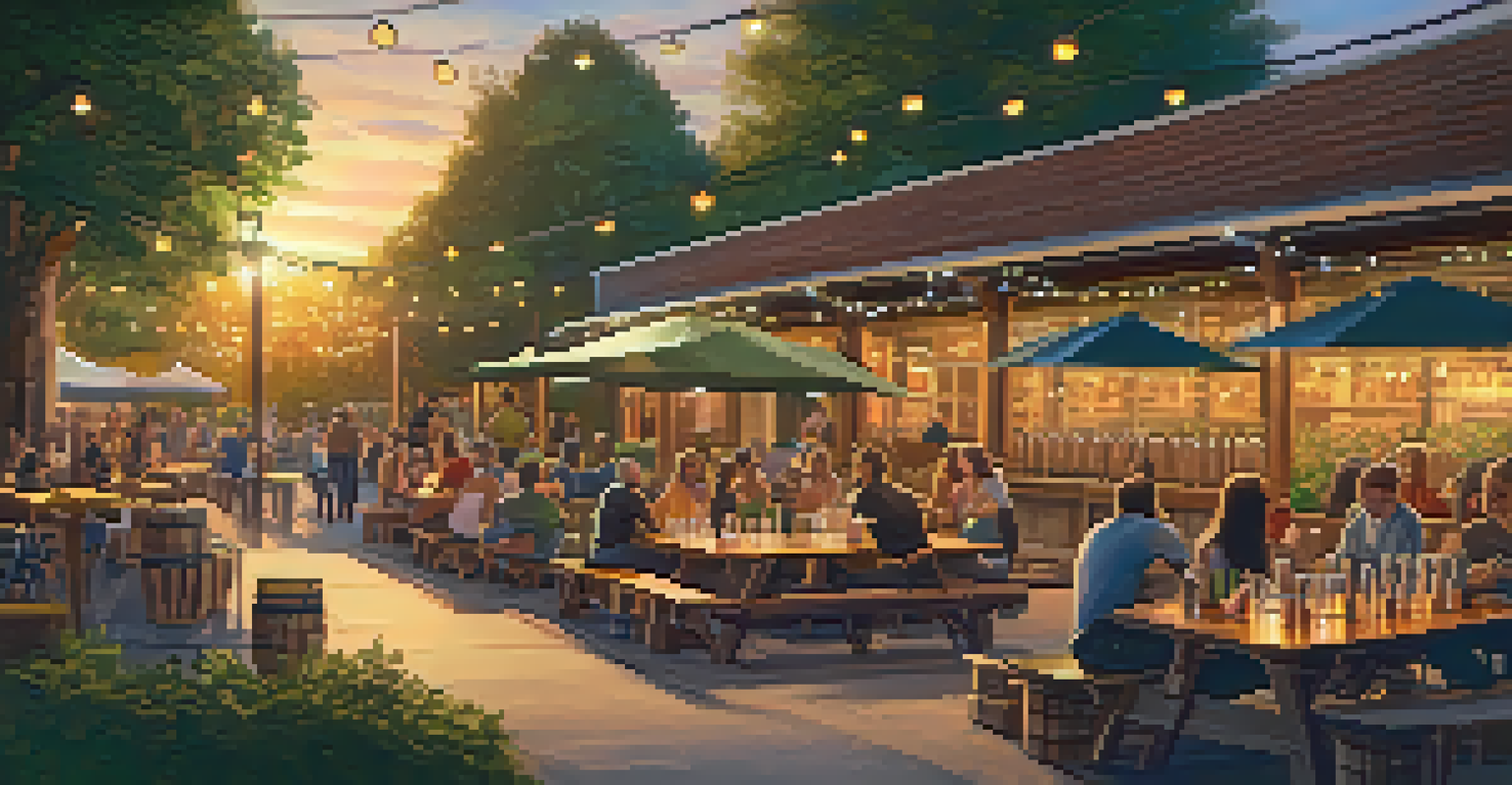 An outdoor brewery patio in Sacramento at sunset with guests enjoying seasonal beers surrounded by greenery.