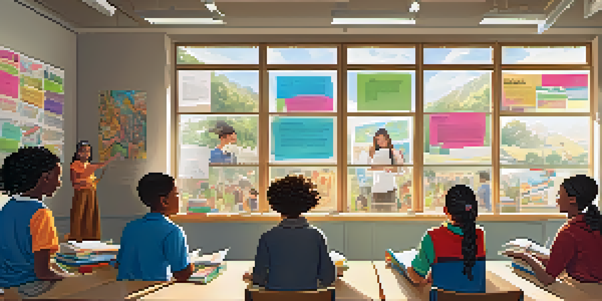 A diverse group of students collaborating on a project in a brightly lit classroom, with a teacher guiding them and cultural posters on the walls.