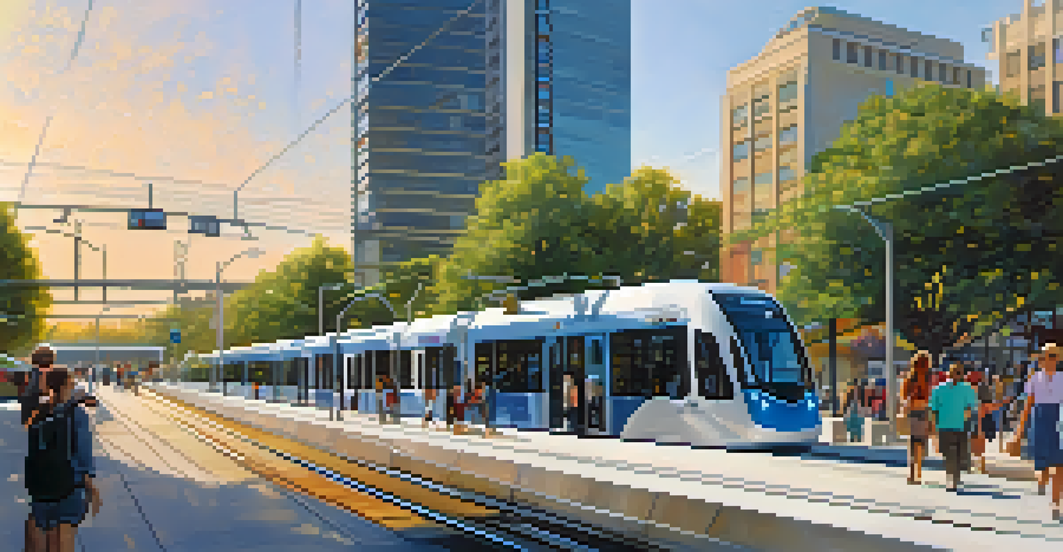 A modern light rail train in Sacramento, with commuters at a station and urban greenery.