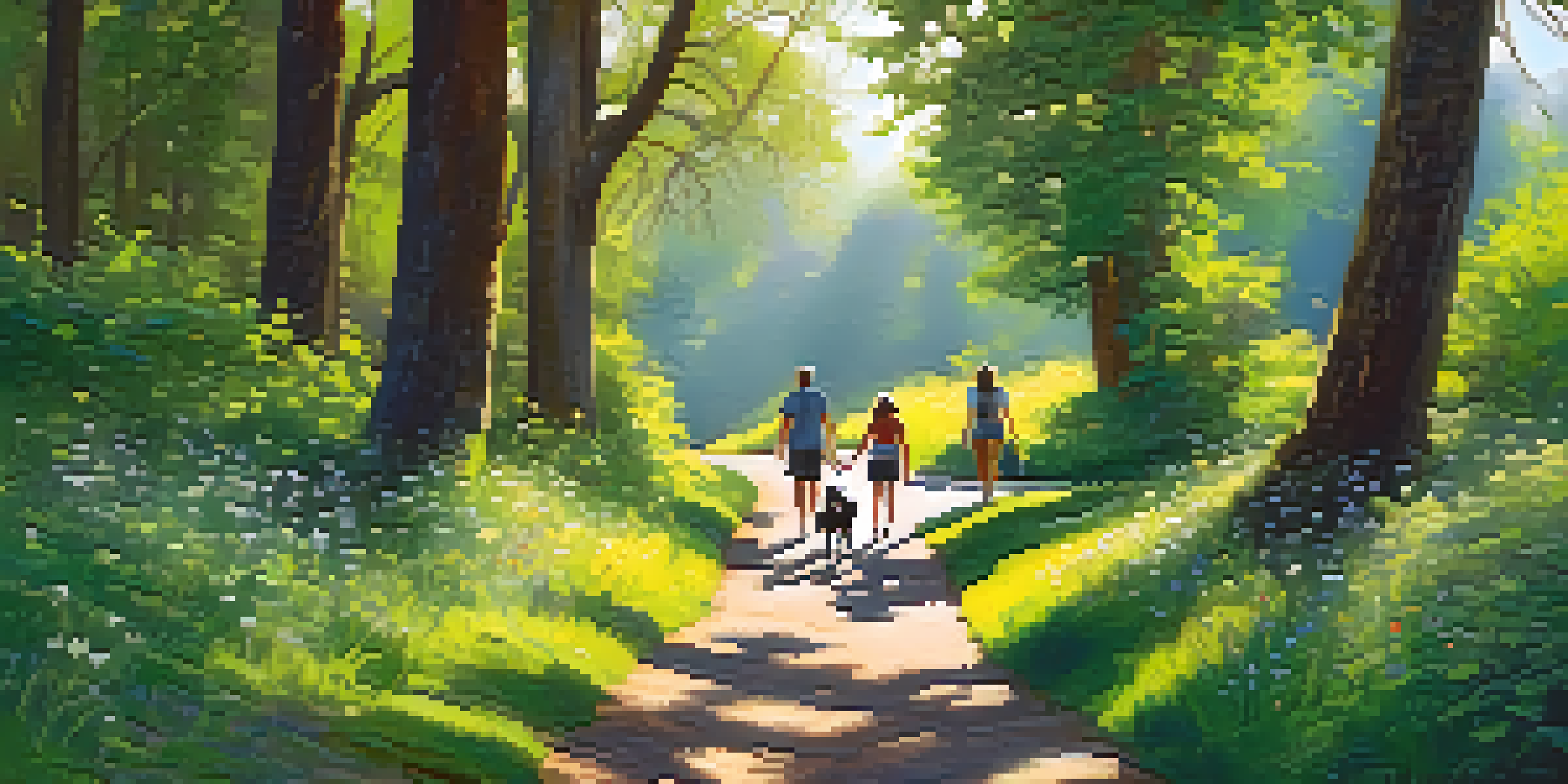 A family walking along a nature trail in a green park filled with trees and wildflowers, with sunlight filtering through the leaves.