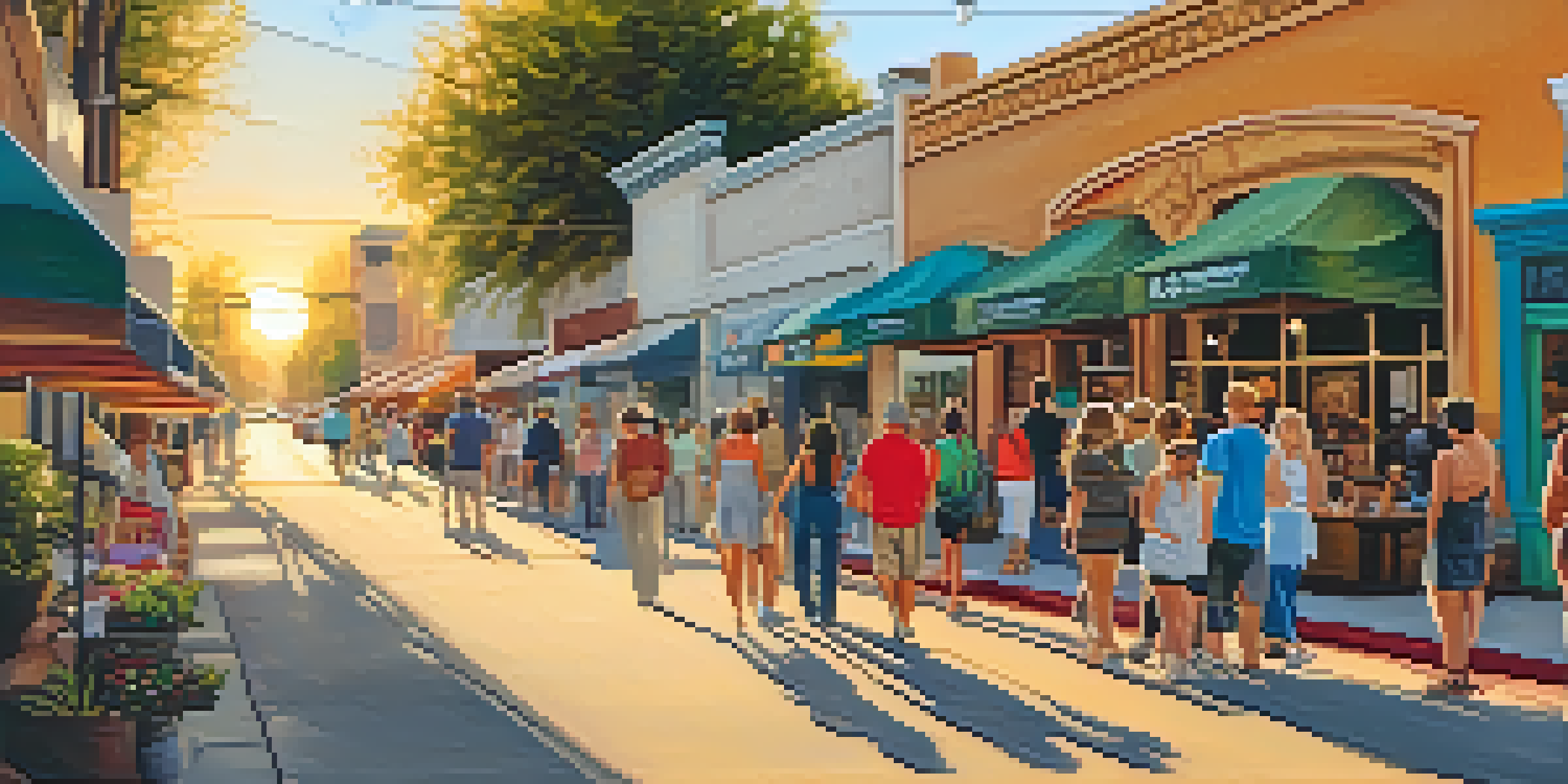 A lively street scene during Sacramento's Art Walk with people exploring art galleries and colorful murals.