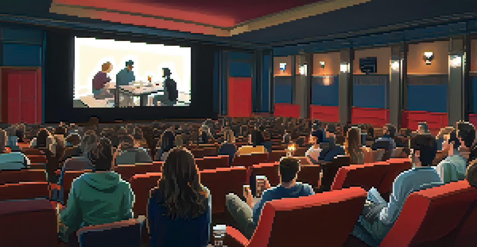 An intimate screening room with film enthusiasts watching an indie film on a large screen, dim lights creating a cozy atmosphere.