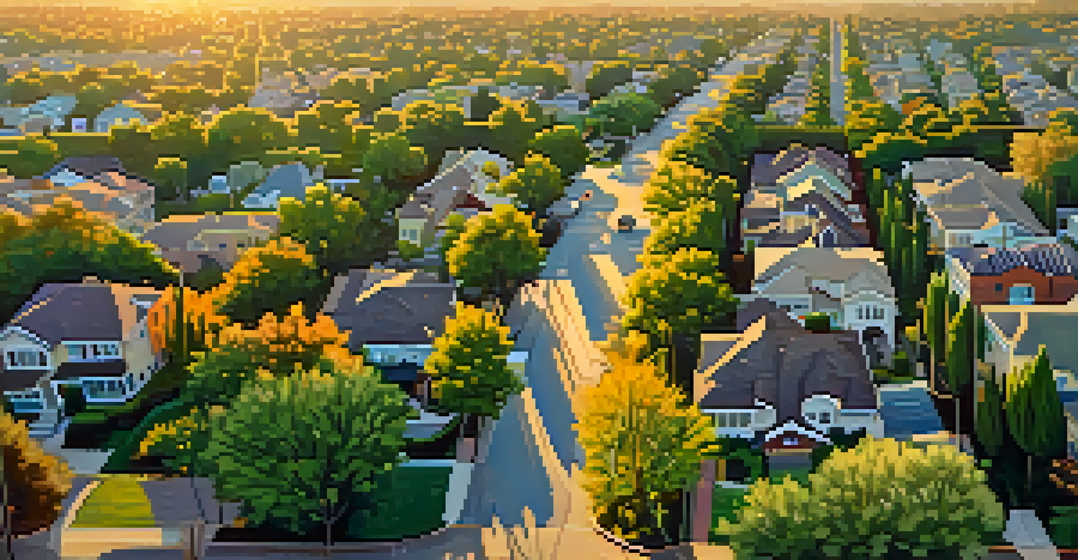 Aerial view of a Sacramento neighborhood with tree-lined streets during sunset, showcasing the vibrant greens of trees and the warm colors of the sunset.