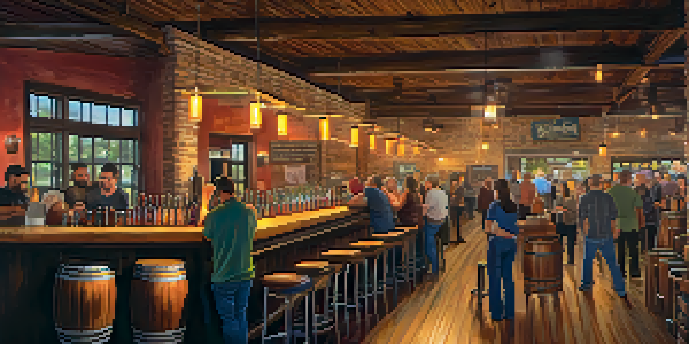 A bustling craft brewery in Sacramento with patrons enjoying drinks at a wooden bar and colorful beer taps.