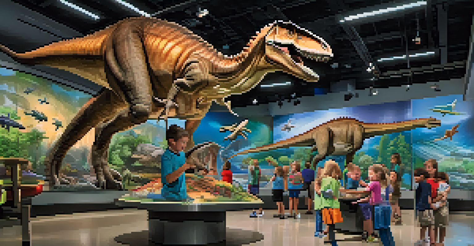 Children exploring interactive science exhibits in a vibrant museum setting, featuring dinosaur and space themes with bright lighting.