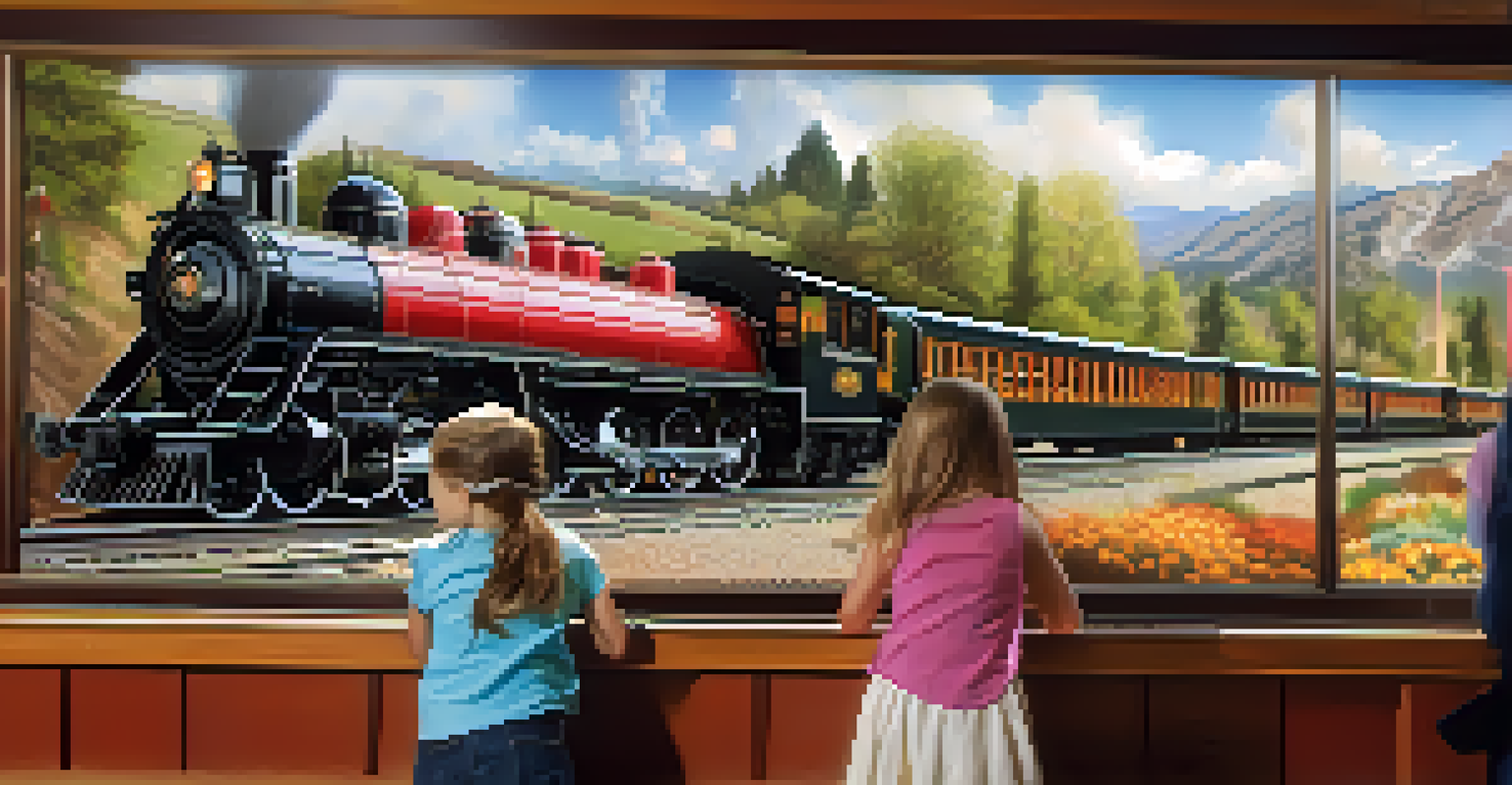 Children and a parent interacting with an educational exhibit at the California State Railroad Museum, with sunlight streaming through large windows.