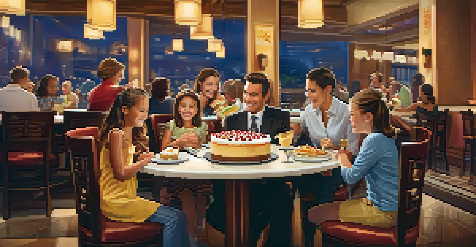 A family sharing different cheesecake slices in a stylish restaurant setting.