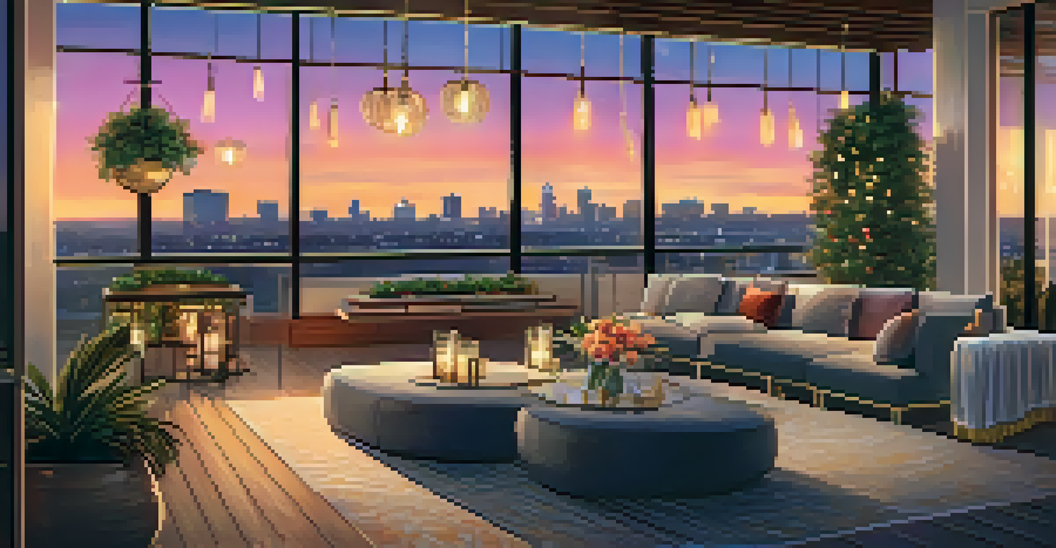 An elegant rooftop lounge in Sacramento with a view of the skyline at dusk, featuring stylish guests and warm ambient lighting.