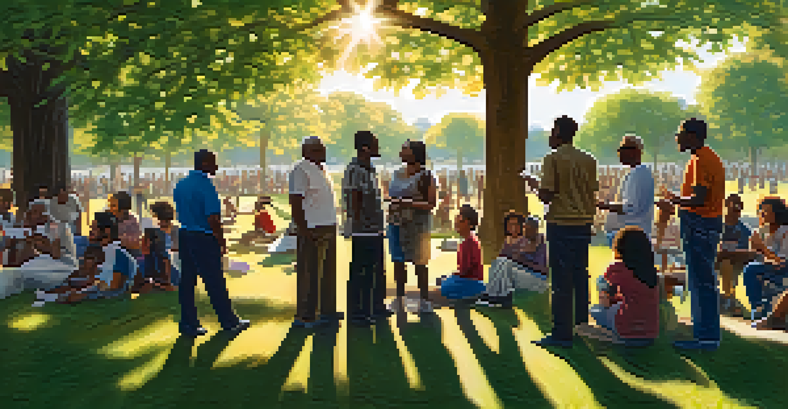 A diverse group of people in a park discussing local issues, with signs advocating for social justice under the sunlight.