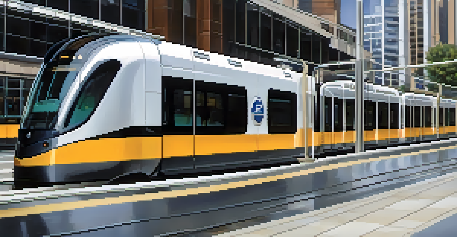 A detailed view of a parked light rail train at a station, highlighting its modern design and passengers boarding.