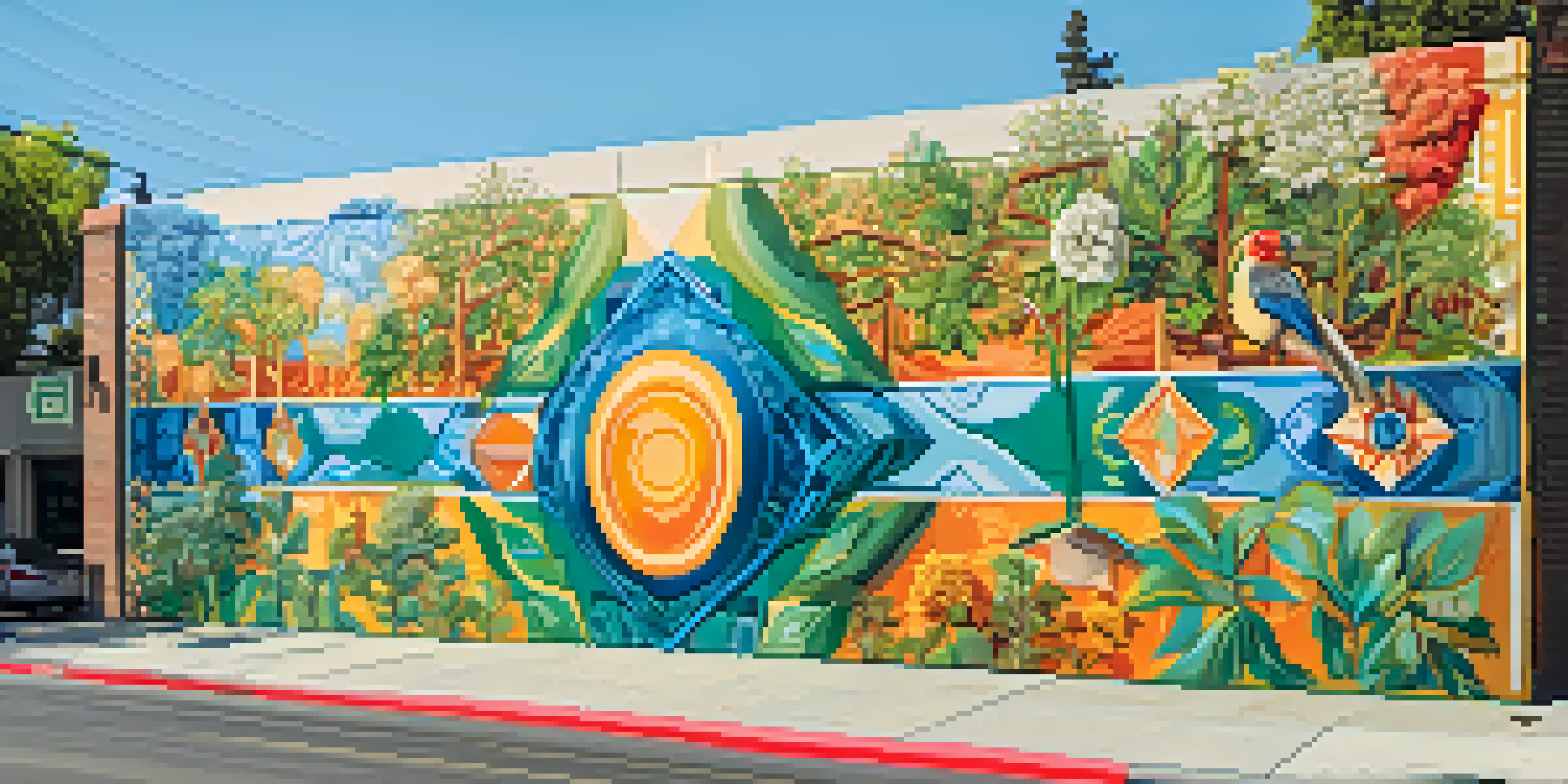 A large, colorful street mural in Sacramento, depicting local culture and intricate designs under a bright sky.