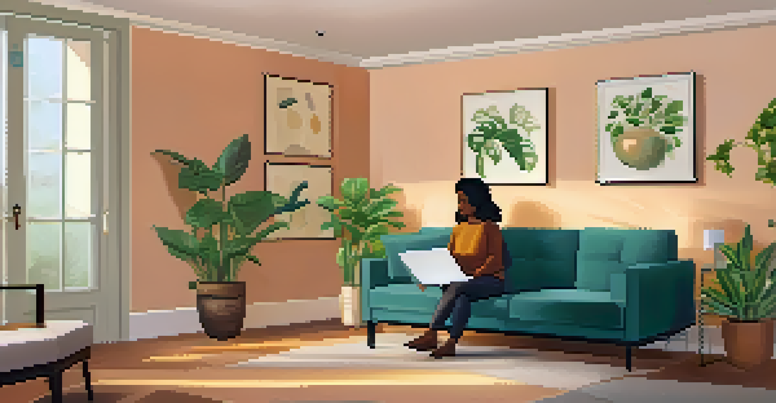 A cozy therapy room with a therapist and client having a conversation, surrounded by plants and calming decor.