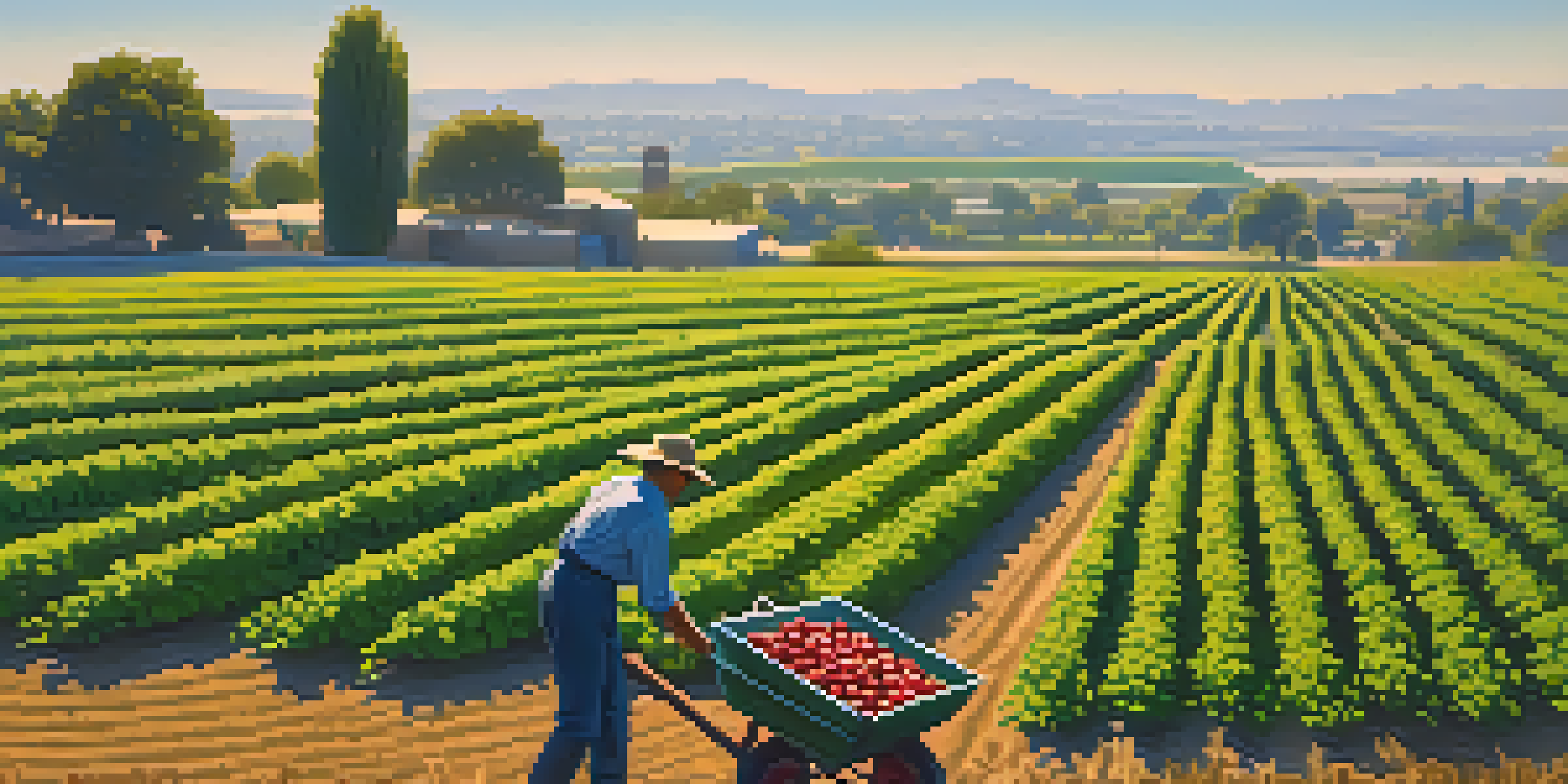 A farmer working in a vibrant agricultural field in Sacramento, with tomatoes and almonds growing under a clear sky and the Sacramento River visible in the background.