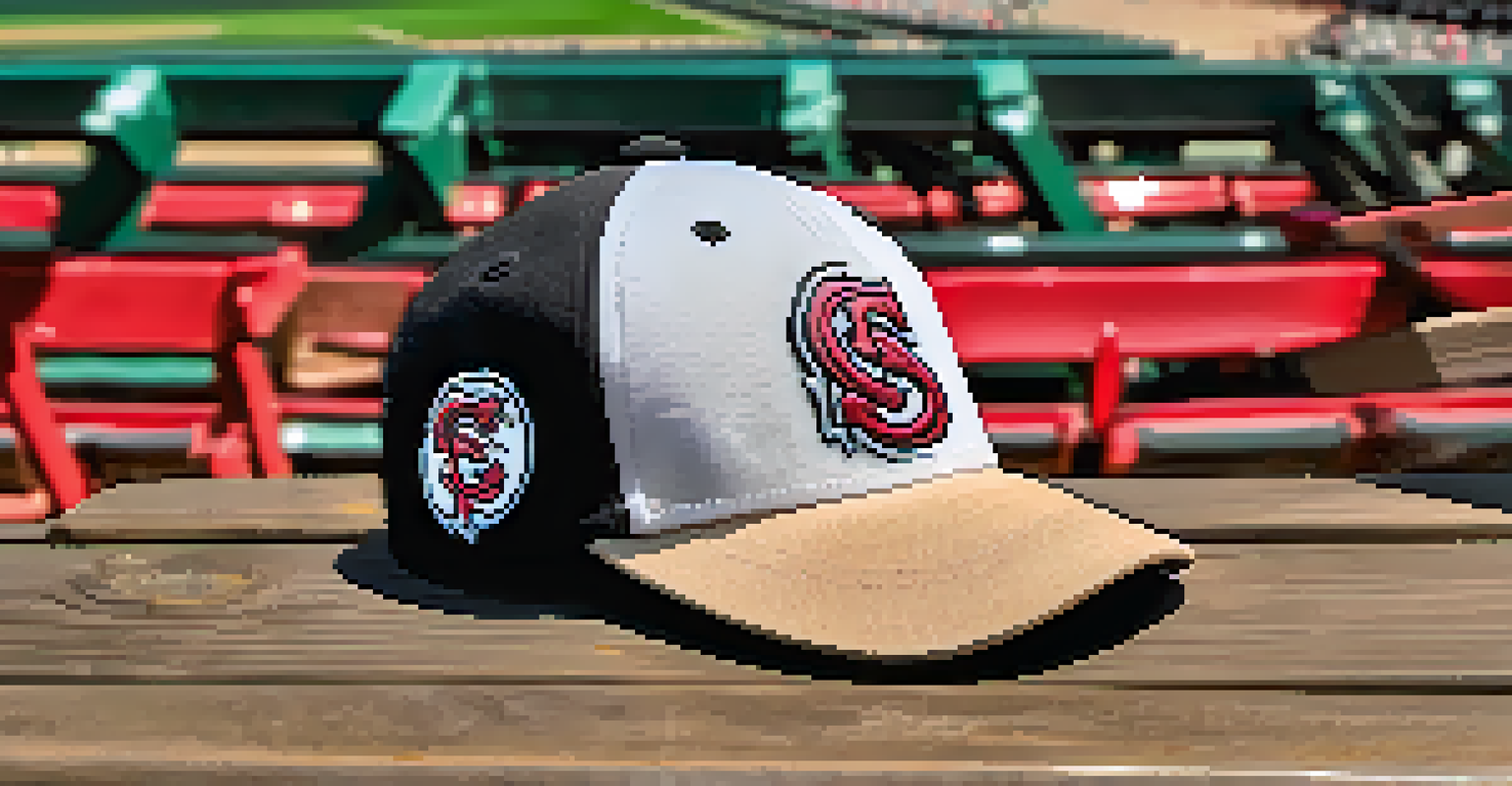 A close-up of a Sacramento River Cats baseball cap on a wooden bench with the baseball field and river in the background, illuminated by sunlight.