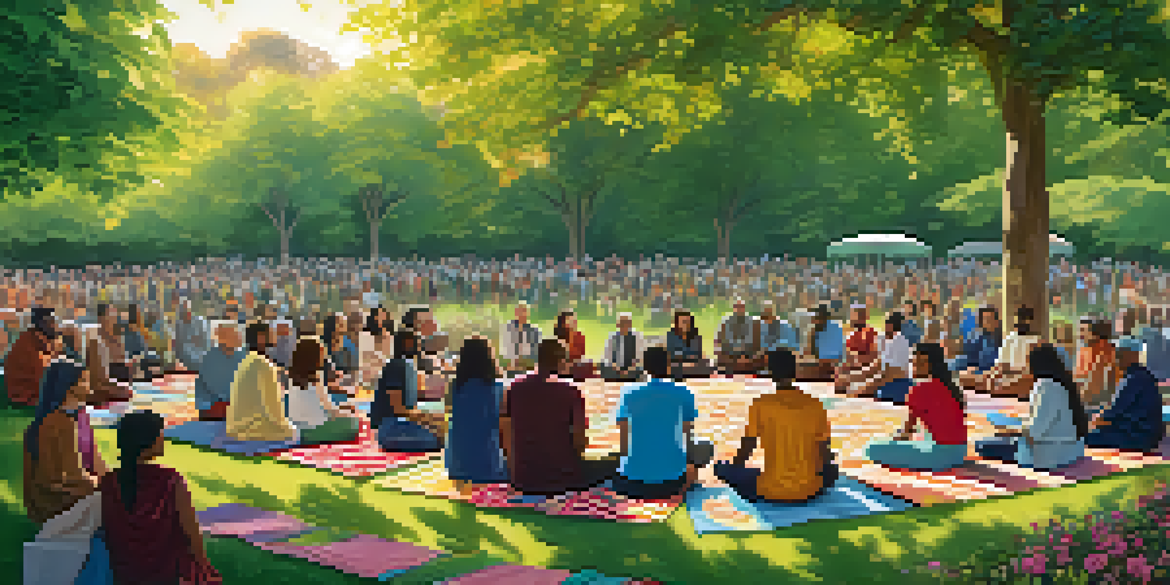 A diverse group of people engaged in discussions at an interfaith dialogue event in a park, surrounded by flowers and trees.