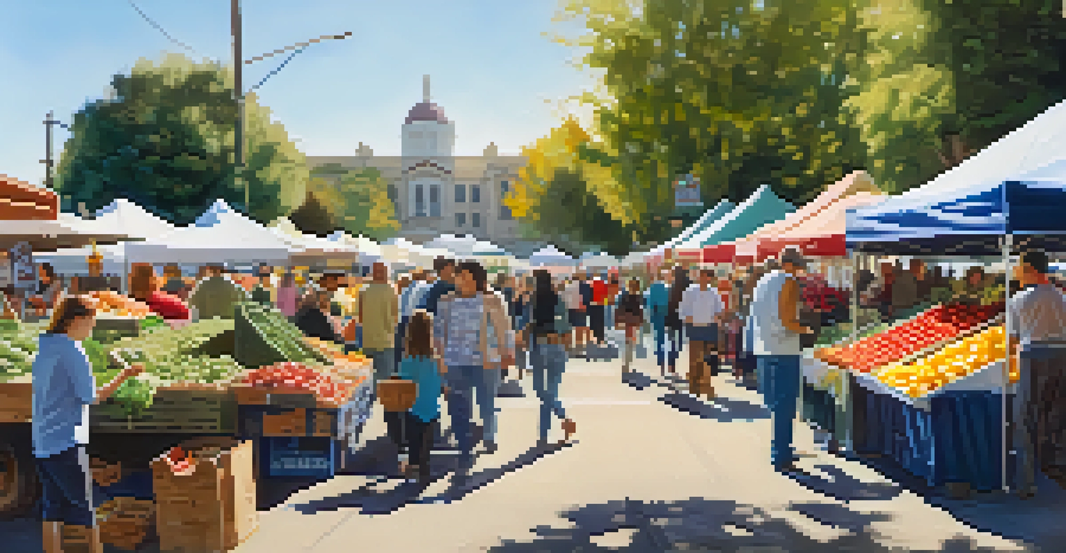 A lively farmers market in Sacramento showing various stalls with fresh produce and community members interacting.