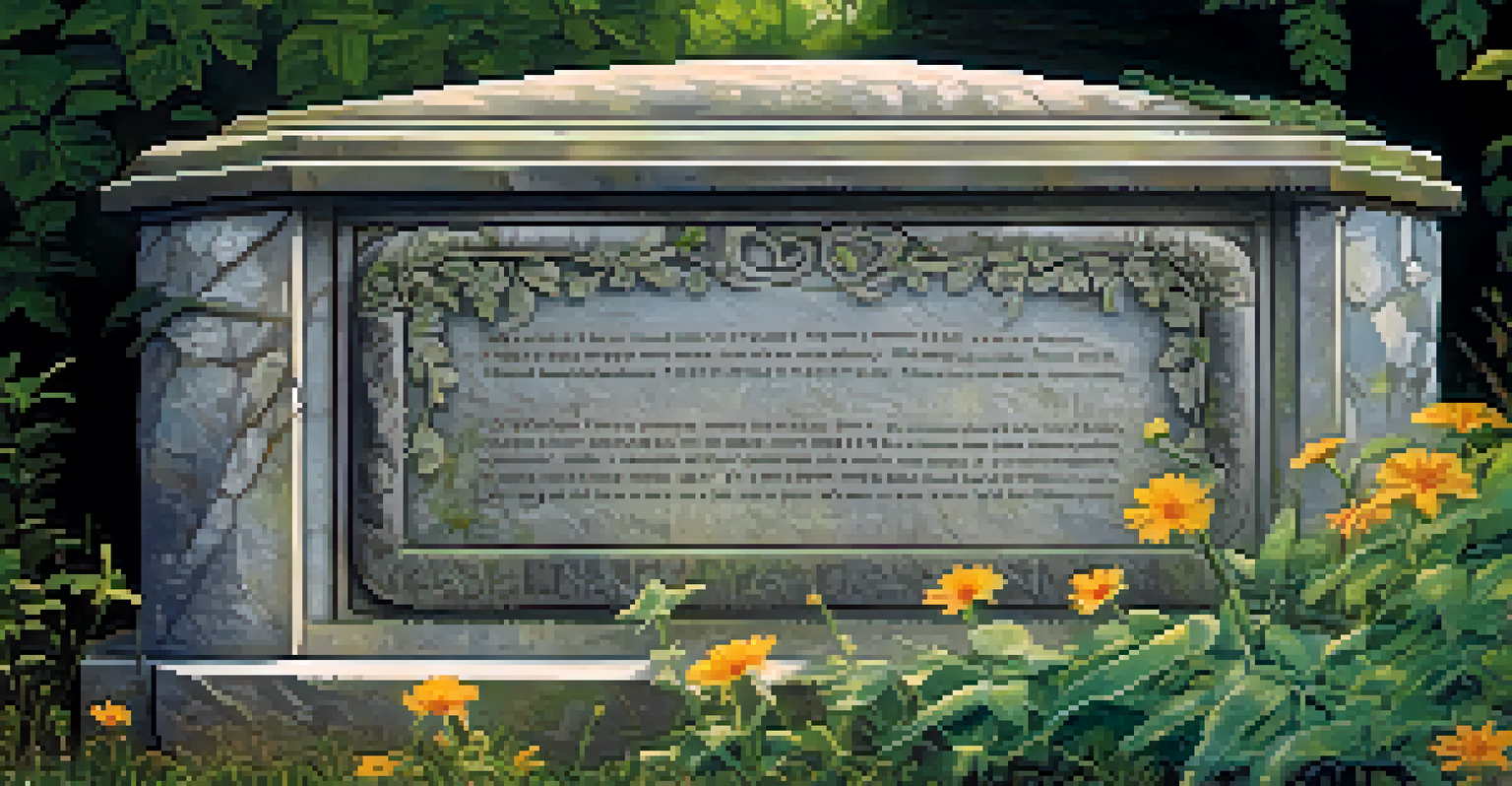 A close-up view of a weathered gravestone with intricate carvings, surrounded by green plants and flowers.