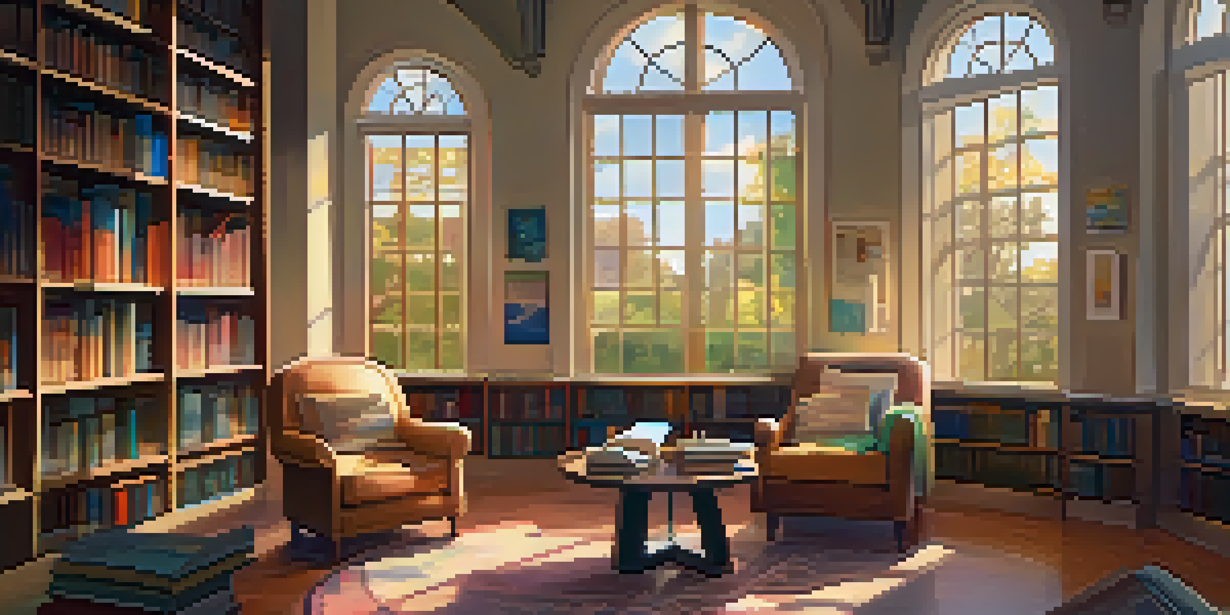 A cozy reading nook in a library with warm lighting, comfortable armchairs, and an open book on a table.