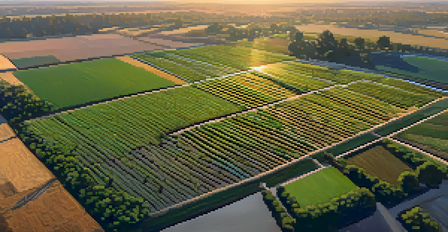 An aerial view of a Sacramento farm with advanced irrigation systems, showcasing diverse crops like rice and grapes under warm golden sunlight.