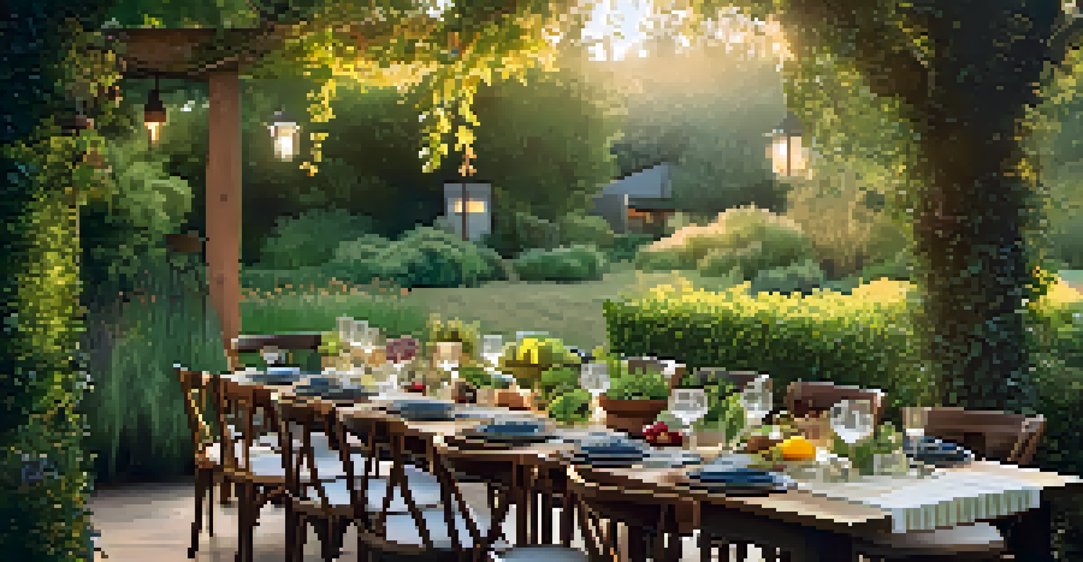 An outdoor dining setup in Sacramento featuring a table filled with seasonal dishes made from local ingredients, surrounded by greenery and warm lighting for an inviting ambiance.