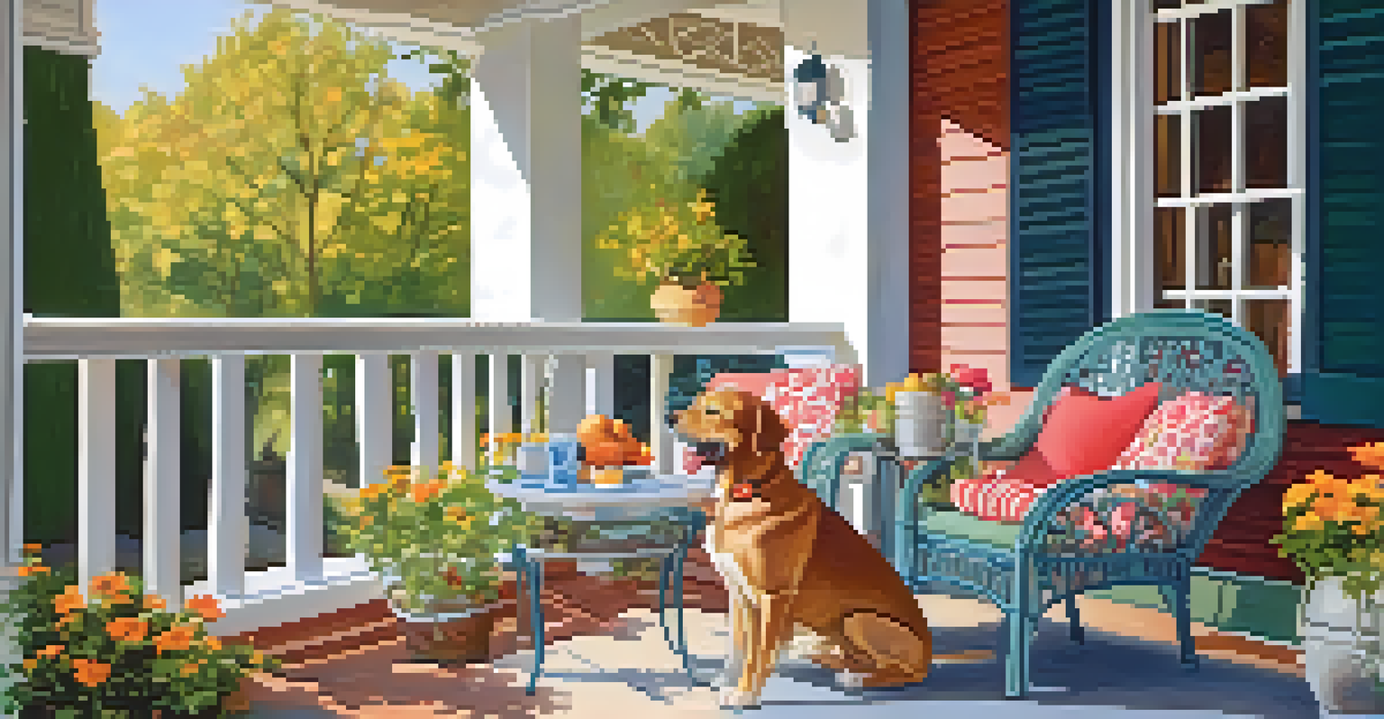 A person enjoying breakfast and coffee on a patio with their dog, surrounded by colorful flowers.