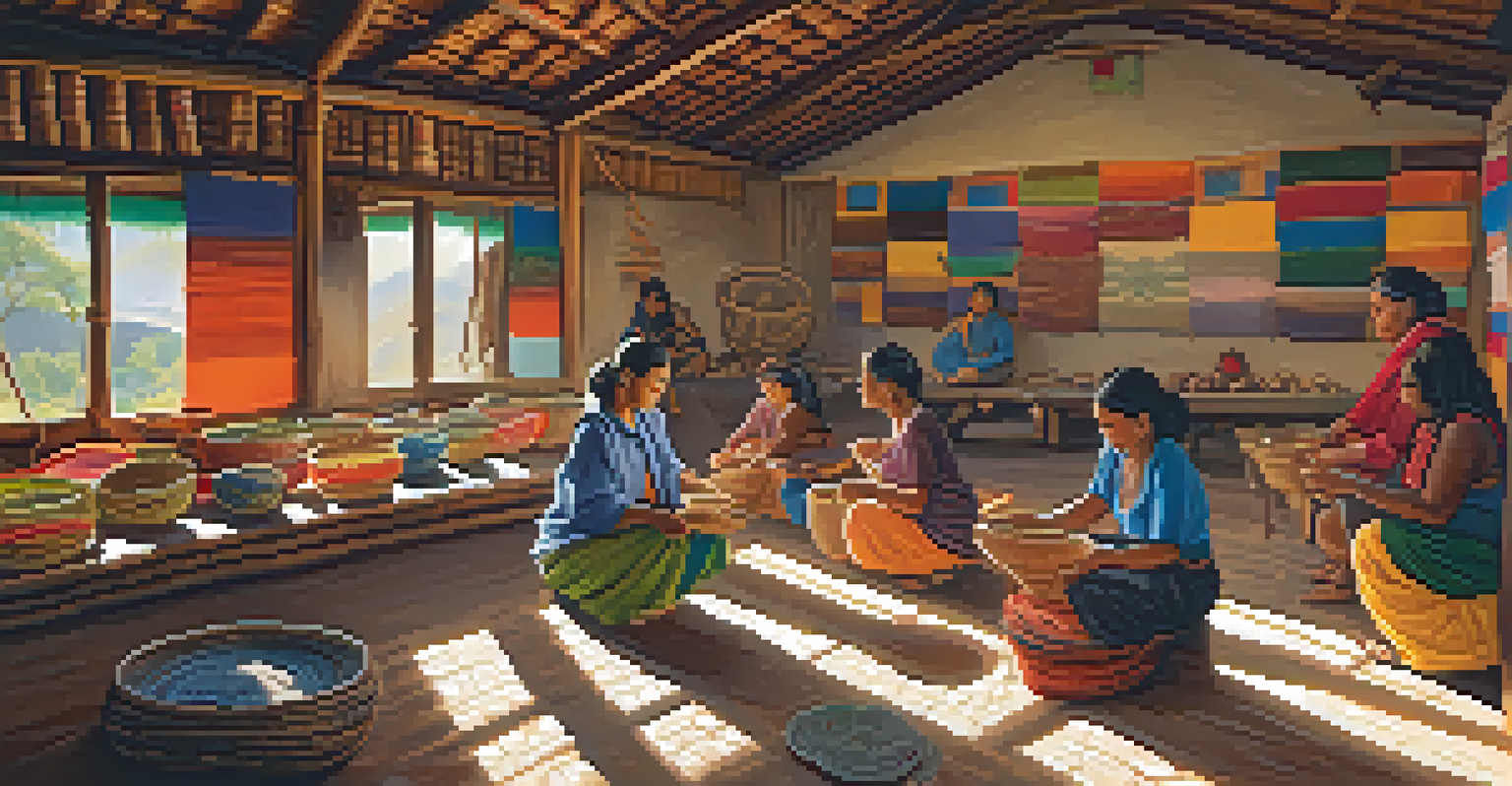 An art workshop with Indigenous artisans weaving baskets and creating beadwork, filled with colorful materials and natural light.