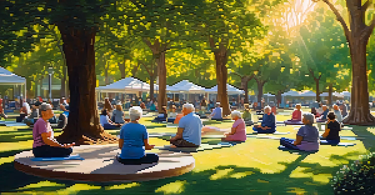 A peaceful park in Sacramento with older adults practicing yoga and socializing, surrounded by flowers and trees.