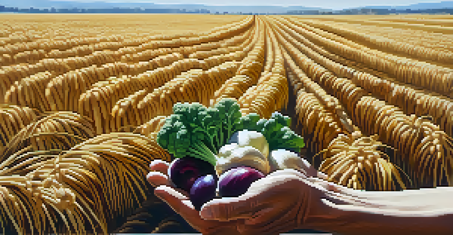 A close-up of a farmer's hands holding freshly harvested vegetables with soil on them, set against a blurred background of wheat fields.
