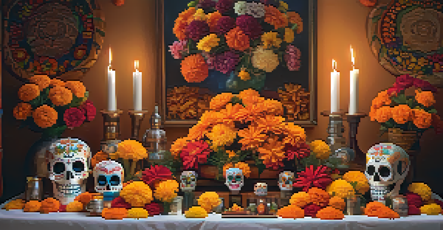 A colorful Día de los Muertos altar with marigolds and sugar skulls illuminated by candles.