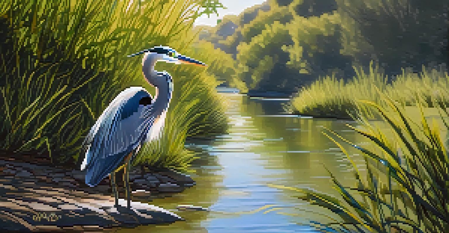 A close-up of a heron by the American River, surrounded by greenery, highlighting the bird's detailed feathers and the sparkling water.