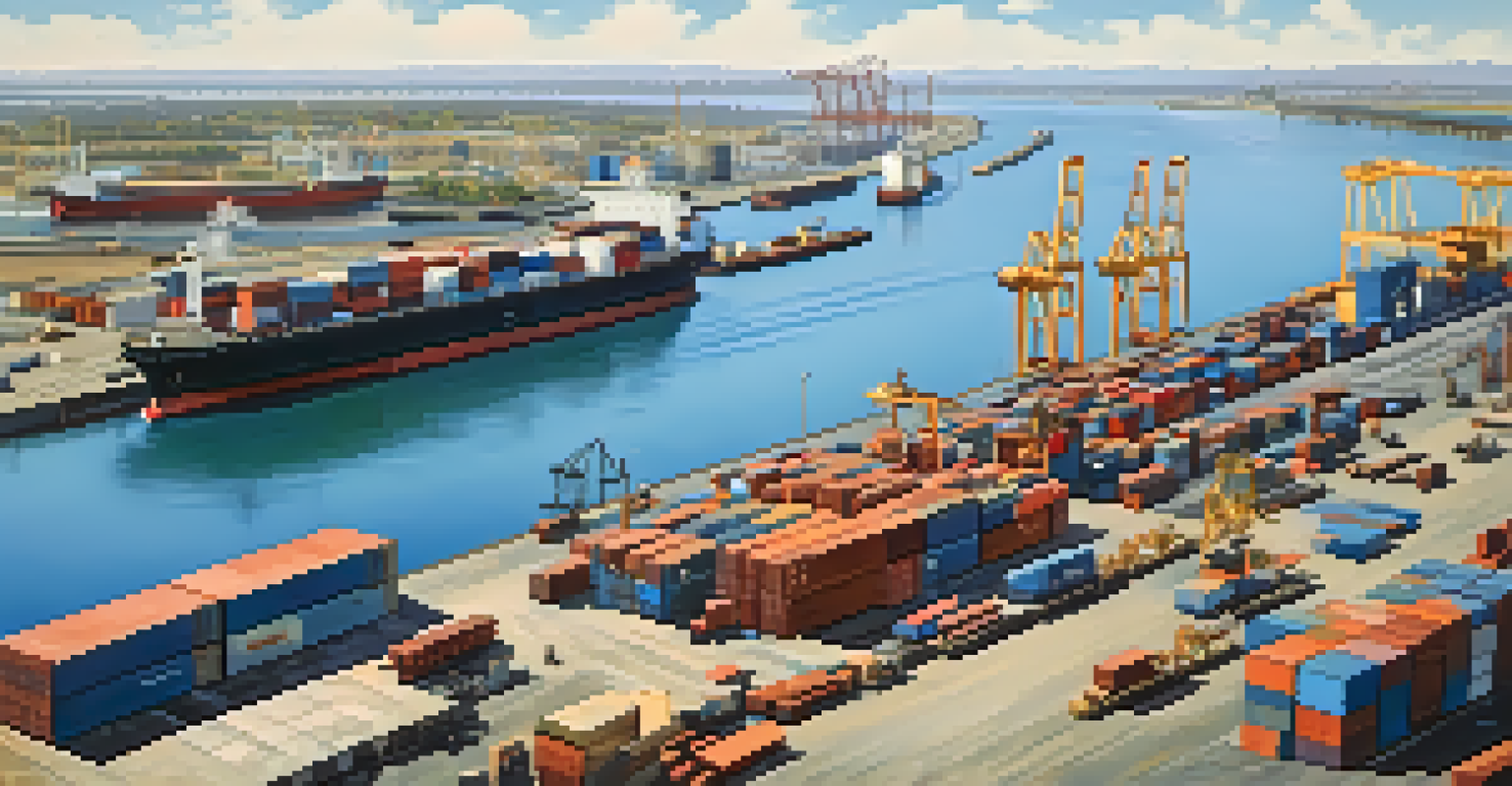 A panoramic view of the Sacramento River with cargo ships at a busy shipping port, showcasing trade activities under a clear blue sky.