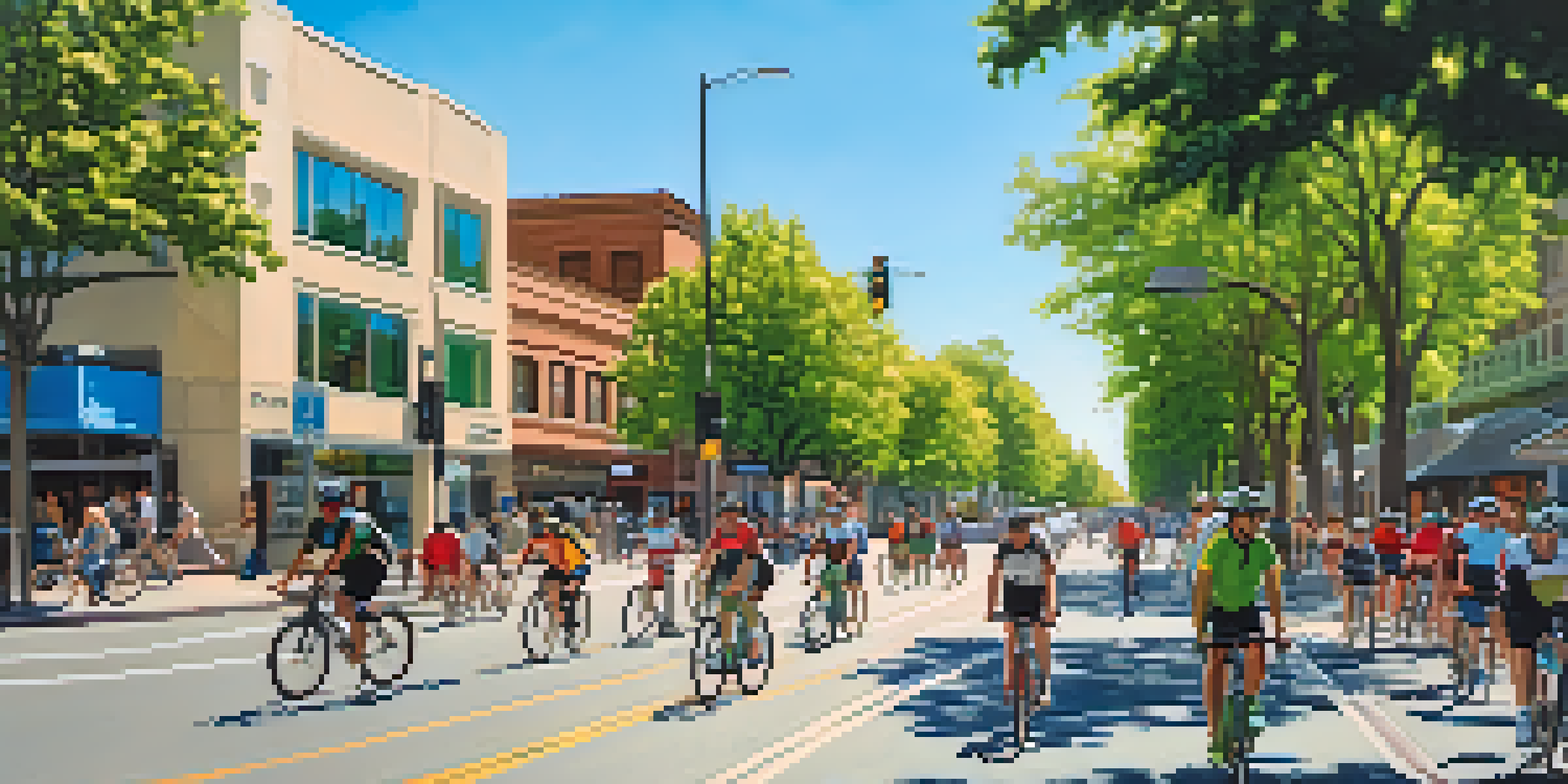 A busy street in Sacramento with cyclists on bike lanes, surrounded by trees and buildings on a sunny day.