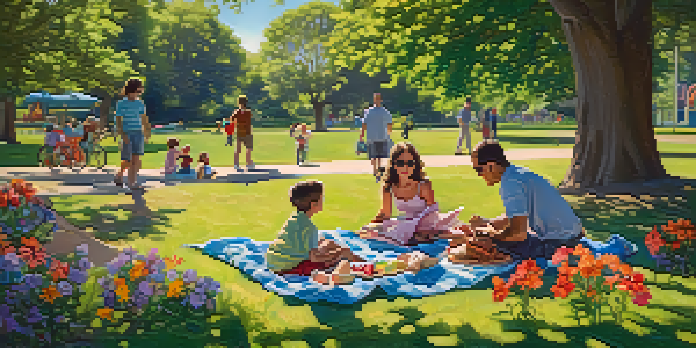 A family enjoys a picnic in a green park, with children playing nearby and trees and flowers around them.