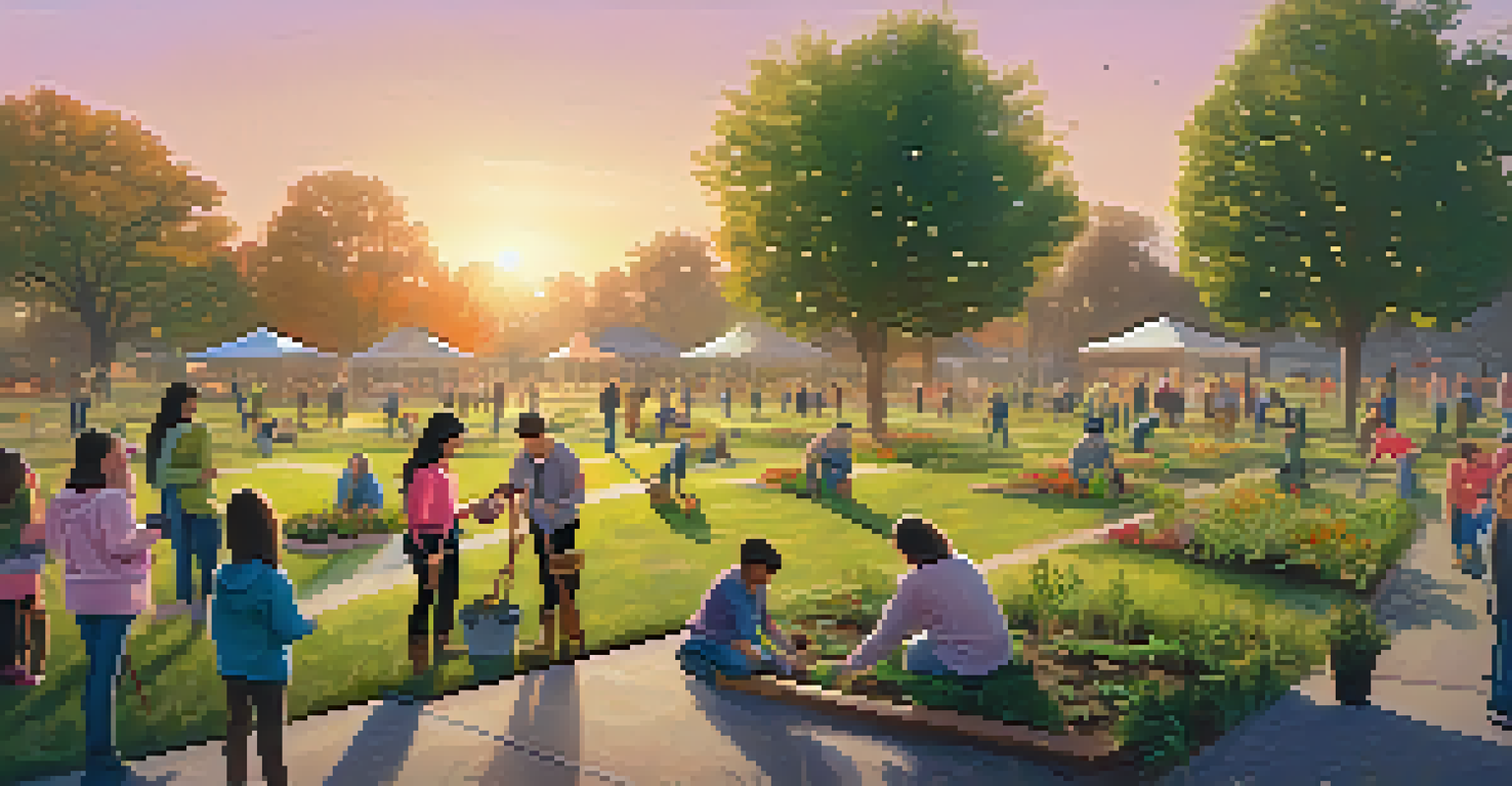 A community tree-planting event in a park with volunteers planting young trees during a beautiful sunset.