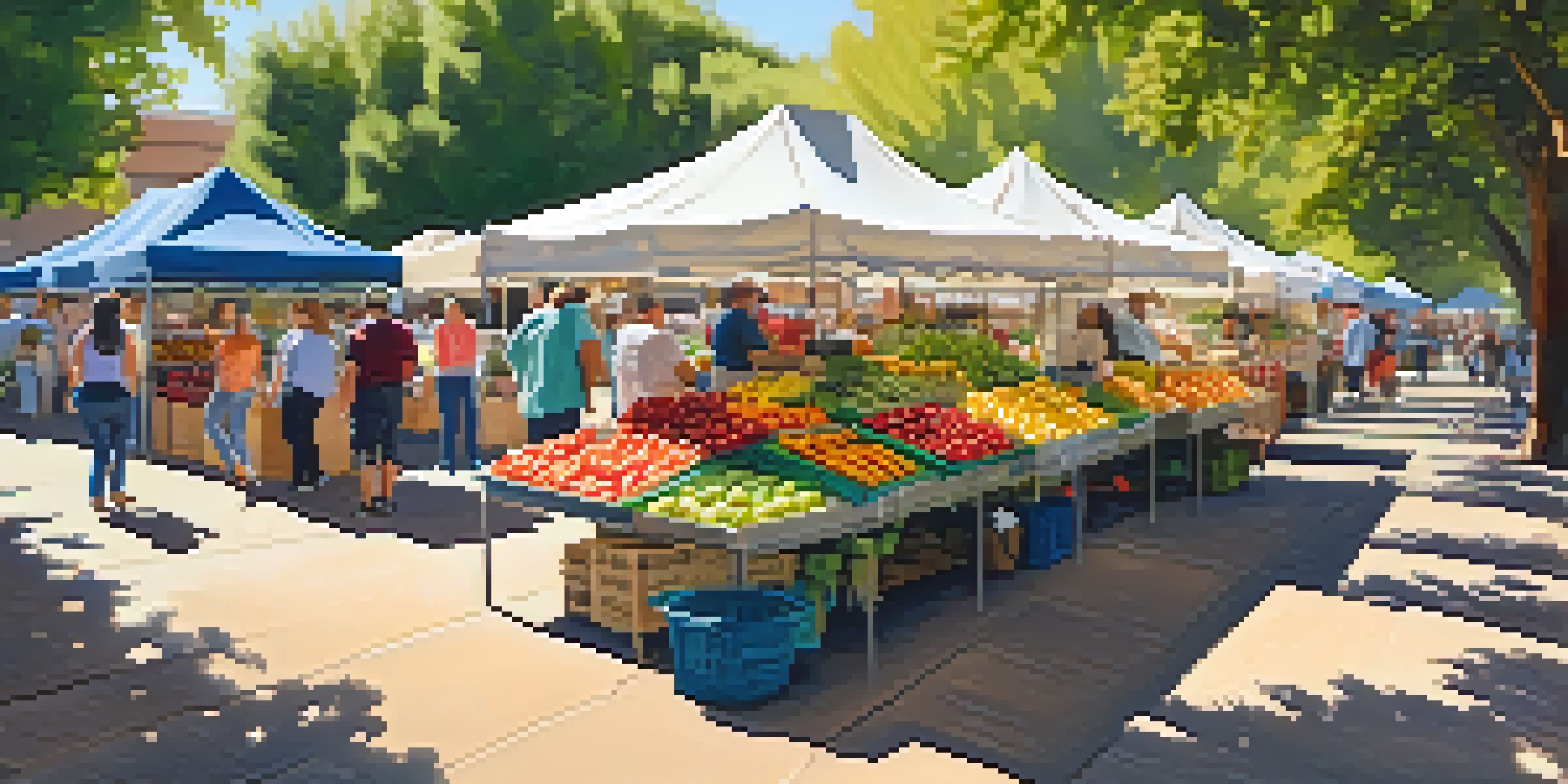 A busy farmers market with colorful stalls filled with fresh produce and people interacting.
