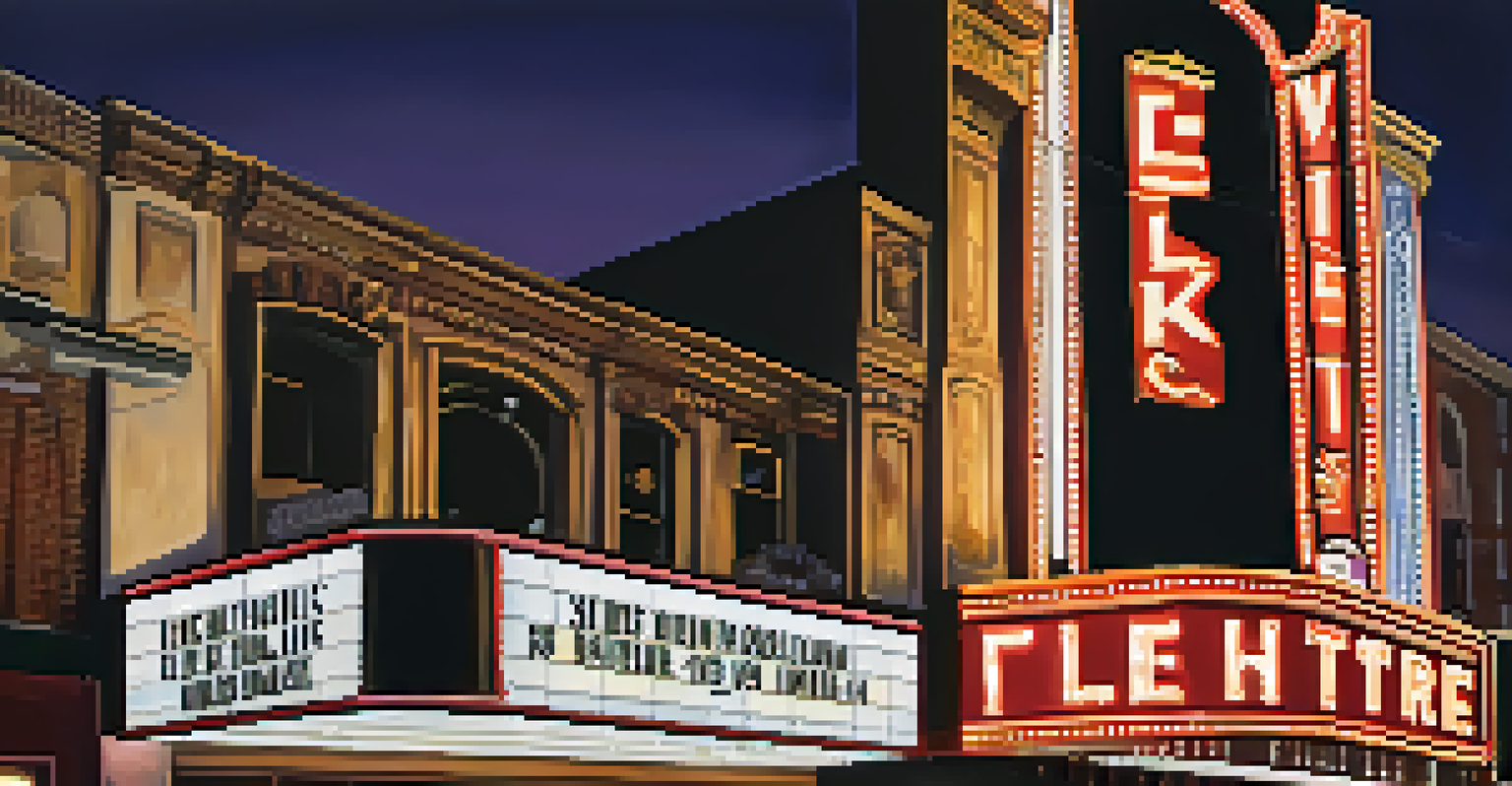 Close-up of the vintage marquee sign of the Elks Tower Theatre, illuminated with colorful lights at twilight.