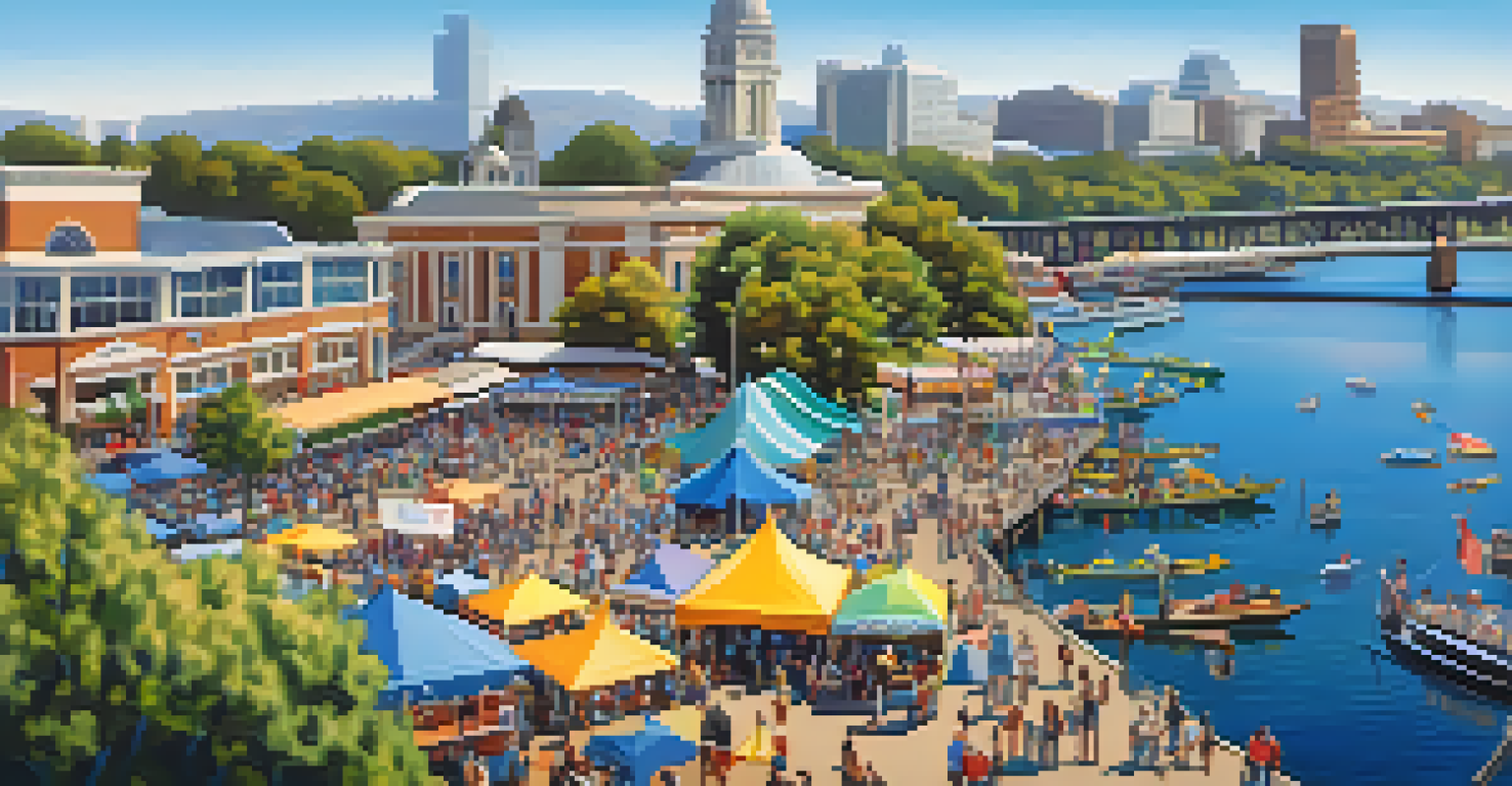 A vibrant aerial view of the Sacramento River Waterfront during a community festival, filled with tents, food stalls, and people enjoying the festivities.
