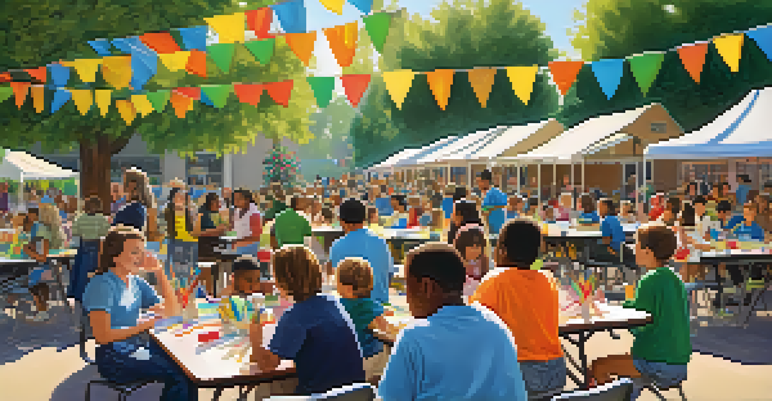 A vibrant community event at a school with families and educators discussing and children engaging in activities.